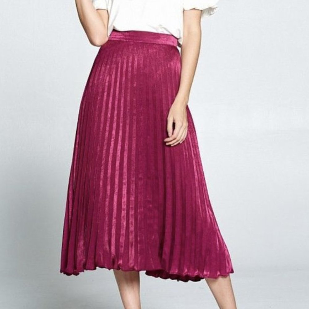 NWT Ellison | Satin Magenta Pleated Midi/Maxi Skirt